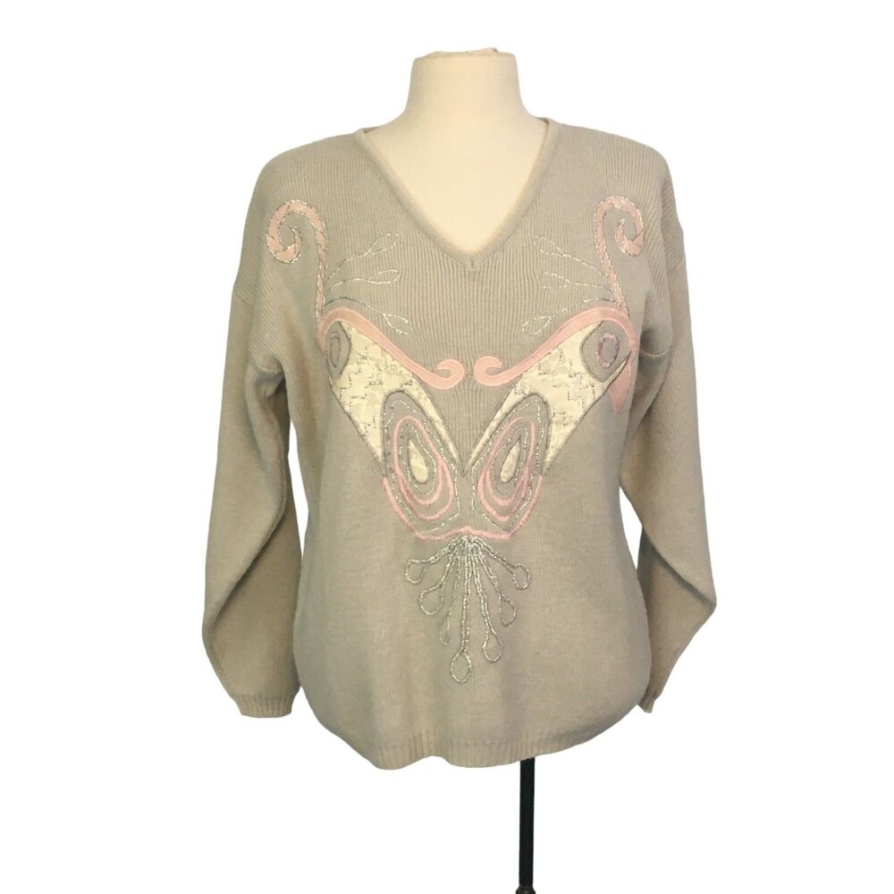 Donna Toran Womens Vintage Gray Pink Parrot Applique Sweater, Birds, M